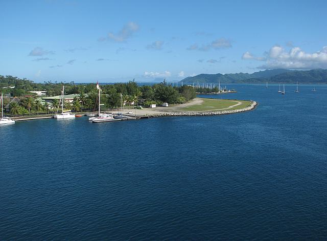 Docked at Uturoa, Raiatea with the island of Taha'a in the distance