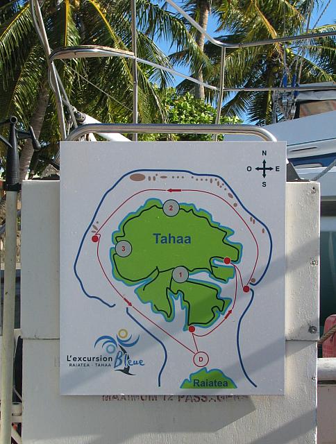 Map of the day's excursion - coral garden, pearl farm, vanilla farm, and lunch on a motu (coral island)