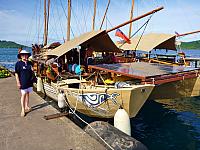 Alice and the whale vaka.  Note the large solar panel.  All power is wind and solar.  The vakas are carrying a strong message about saving our oceans and our earth!