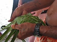 Showing us how the palm serving 'plates' are made